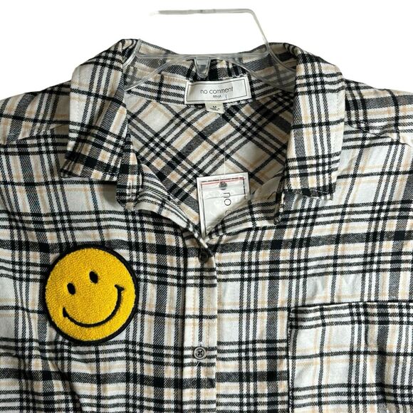 NEW No Comment Button Down Plaid Shirt- Happy Face Cherry Patches‎ -Size Medium - Picture 2 of 9